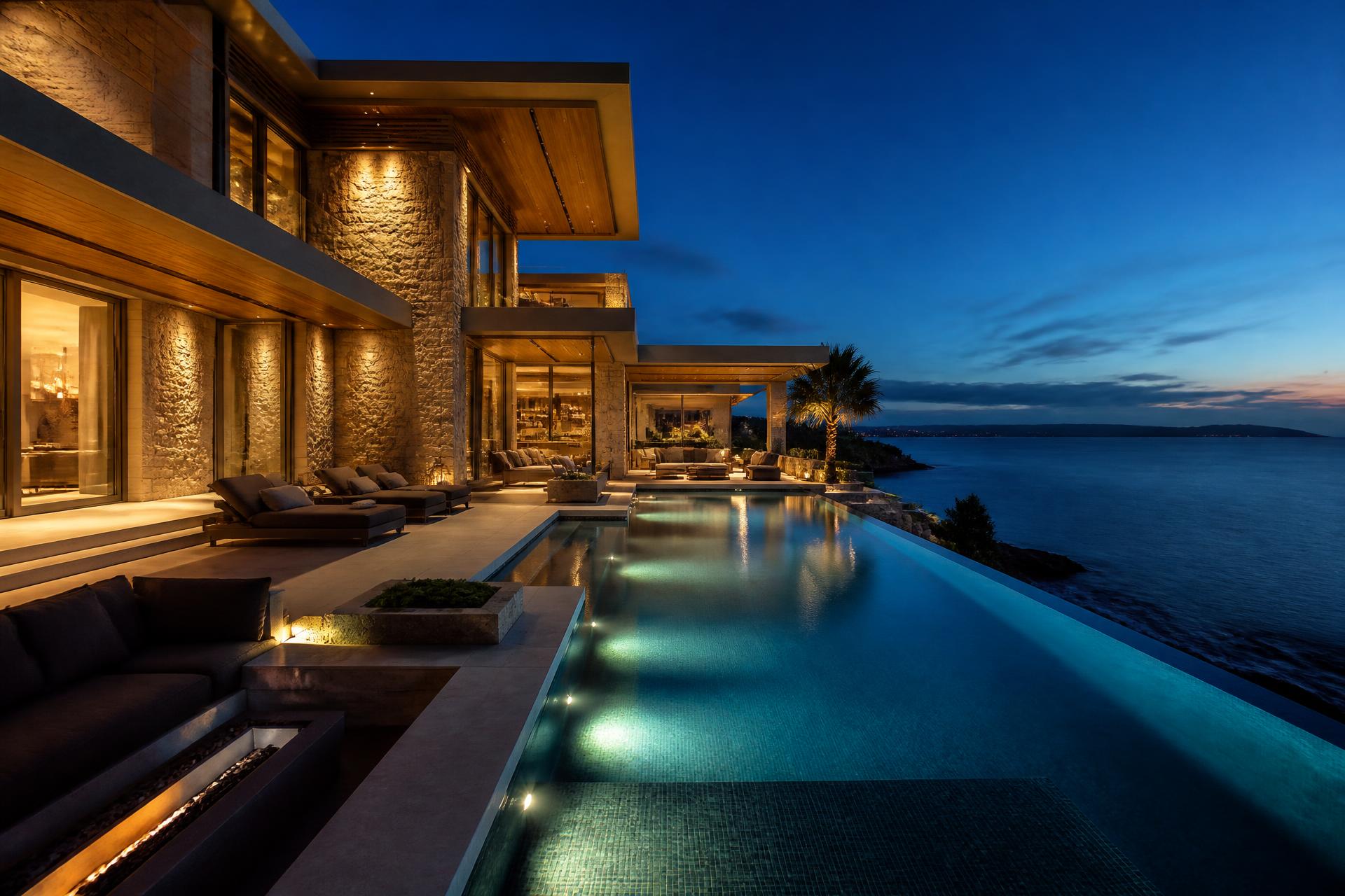 Illuminated oceanfront luxury estate with infinity pool at dusk